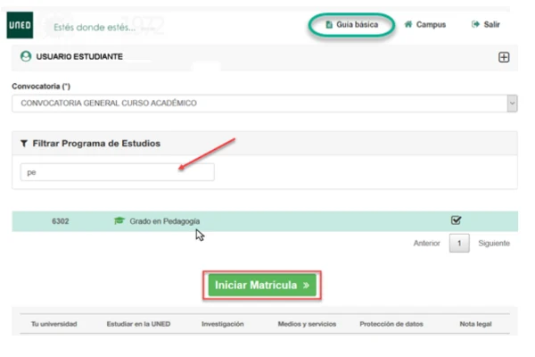 UNED filtrar programas por estudios