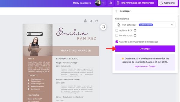 Descargar CV de Canva
